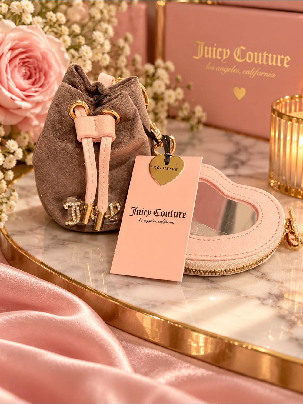 Juicy Couture Pink & Taupe Velvet Drawstring Mini Bag with Heart Mirror Pouch